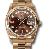 Rolex Everose Gold Day-Date 36 Watch - Domed Bezel - Chocolate Diamond And Ruby Dial - President Bracelet - 118205 chodrp