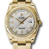Rolex Yellow Gold Day-Date 36 Watch - Fluted Bezel - Silver Diamond Dial - Oyster Bracelet - 118238 sdo