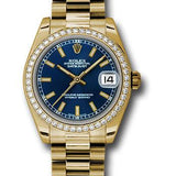 Rolex Yellow Gold Datejust 31 Watch - 48 Diamond Bezel - Blue Index Dial - President Bracelet - 178288 blip