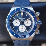 Breitling Super Chronomat B01 44 Watch - Stainless Steel - Blue Dial - Blue Rubber Strap - Folding Buckle - AB0136161C1S1