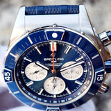 Breitling Super Chronomat B01 44 Watch - Stainless Steel - Blue Dial - Blue Rubber Strap - Folding Buckle - AB0136161C1S1