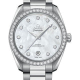 Omega Seamaster Aqua Terra 150M Co-Axial Master Chronometer Ladies Watch - 38 mm Steel Case - Diamond-Set Bezel - White Mother-Of-Pearl Diamond Dial - 220.15.38.20.55.001
