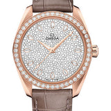Omega Seamaster Aqua Terra 150M Co-Axial Master Chronometer Ladies Watch - 38 mm Sedna Gold Case - Diamond-Set Bezel - Radiant Diamond Dial - Taupe-Brown Leather Strap - 220.58.38.20.99.003