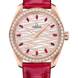 Omega Seamaster Aqua Terra 150M Co-Axial Master Chronometer Ladies' Watch - 38 mm Sedna Gold Case - Radiant Wave Pattern Diamond Dial - Glossy Red Leather Strap - 220.58.38.20.99.004