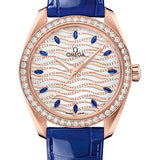 Omega Seamaster Aqua Terra 150M Omega Co-Axial Master Chronometer Ladies' - 38 mm Sedna Gold Case - Diamond Bezel - White Diamond Wave Sapphire Dial - Glossy Blue Leather Strap - 220.58.38.20.99.005