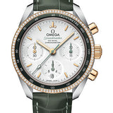 Omega Speedmaster 38 Co-Axial Chronograph Watch - 38 mm Steel And Yellow Gold Case - Dual Diamond Bezel - Silvery Dial - Green Leather Strap - 324.28.38.50.02.001