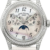 Patek Philippe Complications Ladies Annual Calendar Moon Phase 37mm White Mother of Pearl Arabic White Gold Diamond Set Leather Date | 4937G-001