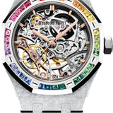 Audemars Piguet Royal Oak Frosted Gold Double Balance Wheel 37mm Openworked Rainbow Baguette Sapphires Bezel | 15468BC.YG.1259BC.01-B