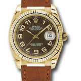 Rolex Yellow Gold Datejust 36 Watch - Fluted Bezel - Brown Arabic Dial - Brown Leather - 116138 brab