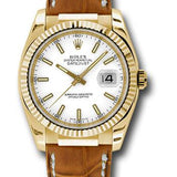 Rolex Yellow Gold Datejust 36 Watch - Fluted Bezel - White Index Dial - Brown Leather - 116138 wsb