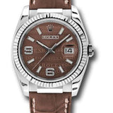 Rolex White Gold Datejust 36 Watch - Fluted Bezel - Brown Wave Diamond 6 And 9 Arabic Dial - Brown Leather - 116139 brwdab