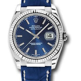 Rolex White Gold Datejust 36 Watch - Fluted Bezel - Blue Index Dial - Blue Leather - 116139 bsl