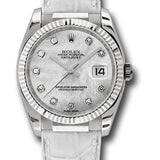 Rolex White Gold Datejust 36 Watch - Fluted Bezel - Mother-Of-Pearl Diamond Dial - Leather - 116139 mdw