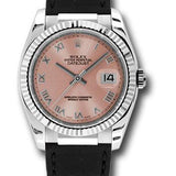 Rolex White Gold Datejust 36 Watch - Fluted Bezel - Pink Roman Dial - Black Leather - 116139 prb