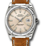 Rolex White Gold Datejust 36 Watch - Fluted Bezel - Pink Index Dial - Brown Leather - 116139 psb