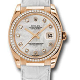 Rolex Pink Gold Datejust 36 Watch - 60 Diamond Bezel - Mother-Of-Pearl Diamond Dial - White Leather - 116185 mdw