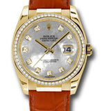 Rolex Yellow Gold Datejust 36 Watch - 60 Diamond Bezel - Mother-Of-Pearl Diamond Dial - Leather - 116188 md