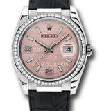 Rolex White Gold Datejust 36 Watch - 60 Diamond Bezel - Pink Wave Diamond 6 And 9 Arabic Dial - Leather - 116189 pwdal