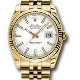 Rolex Yellow Gold Datejust 36 Watch - Fluted Bezel - White Index Dial - Jubilee Bracelet - 116238 wsj