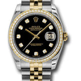 Rolex Steel and Yellow Gold Rolesor Datejust 36 Watch - 52 Brilliant-Cut Diamond Bezel - Black Diamond Dial - Jubilee Bracelet - 116243 bkdj