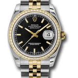 Rolex Steel and Yellow Gold Rolesor Datejust 36 Watch - 52 Brilliant-Cut Diamond Bezel - Black Index Dial - Jubilee Bracelet - 116243 bkij