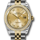 Rolex Steel and Yellow Gold Rolesor Datejust 36 Watch - 52 Brilliant-Cut Diamond Bezel - Champagne Roman Dial - Jubilee Bracelet - 116243 chrj