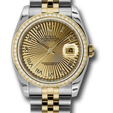 Rolex Steel and Yellow Gold Rolesor Datejust 36 Watch - 52 Brilliant-Cut Diamond Bezel - Champagne Sunbeam Roman Dial - Jubilee Bracelet - 116243 chsbrj