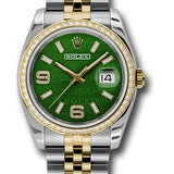 Rolex Steel and Yellow Gold Rolesor Datejust 36 Watch - 52 Brilliant-Cut Diamond Bezel - Green Wave Diamond Arabic 6 And 9 Dial - Jubilee Bracelet - 116243 gwdaj