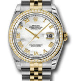 Rolex Steel and Yellow Gold Rolesor Datejust 36 Watch - 52 Brilliant-Cut Diamond Bezel - Mother-Of-Pearl Roman Dial - Jubilee Bracelet - 116243 mrj