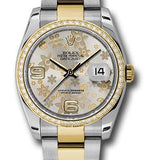 Rolex Steel and Yellow Gold Rolesor Datejust 36 Watch - 52 Diamond Bezel - Silver Floral Arabic Dial - Oyster Bracelet - 116243  sfao