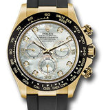 Rolex Yellow Gold Cosmograph Daytona 40 Watch - White Mother-Of-Pearl Diamond Dial - Black Oysterflex Strap - 116518LN mdof