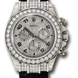 Rolex White Gold Cosmograph Daytona 40 Watch - Pave Diamond Enamel Arabic Dial - Black Leather Strap - 116599RBR