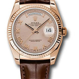 Rolex Everose Gold Day-Date 36 Watch - Fluted Bezel - Pink Roman Dial - Brown Leather - 118135 prl