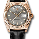 Rolex Everose Gold Day-Date 36 Watch - Fluted Bezel - Rhodium Index Dial - Black Leather - 118135 rhl