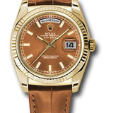 Rolex Yellow Gold Day-Date 36 Watch - Fluted Bezel - Cognac Index Dial - Cognac Leather - 118138 col