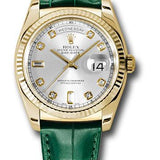 Rolex Yellow Gold Day-Date 36 Watch - Fluted Bezel - Silver Diamond Dial - Green Leather - 118138 sdl