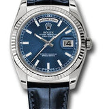 Rolex White Gold Day-Date 36 Watch - Fluted Bezel - Blue Index Dial - Blue Leather - 118139 bll