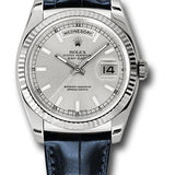 Rolex White Gold Day-Date 36 Watch - Fluted Bezel - Silver Index Dial - Blue Leather - 118139 sibl