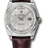 Rolex White Gold Day-Date 36 Watch - Fluted Bezel - Silver Index Dial - Brown Leather - 118139 sibr