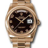 Rolex Pink Gold Day-Date 36 Watch - Domed Bezel - Black Arabic Dial - President Bracelet - 118205 bkap