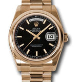 Rolex Pink Gold Day-Date 36 Watch - Domed Bezel - Black Index Dial - President Bracelet - 118205 bksp