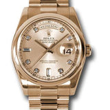 Rolex Pink Gold Day-Date 36 Watch - Domed Bezel - Pink Champagne Diamond Dial - President Bracelet - 118205 chdp