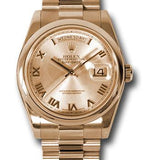 Rolex Pink Gold Day-Date 36 Watch - Domed Bezel - Pink Champagne Roman Dial - President Bracelet - 118205 chrp