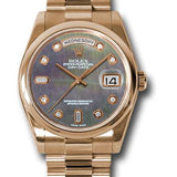 Rolex Pink Gold Day-Date 36 Watch - Domed Bezel - Dark Mother-Of-Pearl Diamond Dial - President Bracelet - 118205 dkmdp