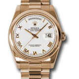 Rolex Pink Gold Day-Date 36 Watch - Domed Bezel - White Roman Dial - President Bracelet - 118205 wrp