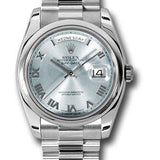 Rolex Platinum Day-Date 36 Watch - Domed Bezel - Glacier Blue Roman Dial - President Bracelet - 118206 glarp