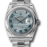 Rolex Platinum Day-Date 36 Watch - Domed Bezel - Ice Blue Wave Arabic Dial - President Bracelet - 118206 glawap