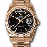 Rolex Pink Gold Day-Date 36 Watch - Fluted Bezel - Black Index Dial - President Bracelet - 118235 bksp