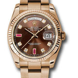 Rolex Everose Gold Day-Date 36 Watch - Fluted Bezel - Chocolate Diamond And Ruby Dial - Oyster Bracelet - 118235 chodro