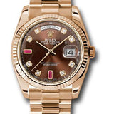 Rolex Everose Gold Day-Date 36 Watch - Fluted Bezel - Chocolate Diamond And Ruby Dial - President Bracelet - 118235 chodrp